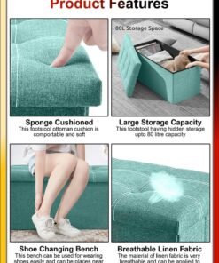 DBLEW Linen 76x38x38cm Foldable Ottoman Storage Bench Cube Boxes Footrest Shoe Changing Step Stool Padded Seat For Bedroom Hallway Chair Dorm Living Room Table Space Saving With Lid 80L Capacity