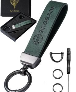 KeyAmor Luxurious Leather & Metal Keychain – green Edition with Nissan Logo Elegant green metal and leather keychain car key holder for adults. Stylish car keychain with 3 key rings, featuring the iconic Nissan logo, perfect as a fancy gift or car accessory. Designed in a sleek green colour for a refined and modern look, it offers 360-degree rotation for added convenience, is suitable for both men and women, and comes beautifully packaged in a fancy gift box.