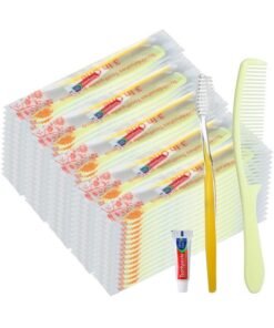 meekoo 200 Set Disposable Toothbrushes with Toothpaste and Comb Individually Wrapped Bulk Disposable Travel Toothbrush Kit Homeless Hygiene Kit Bulk for Travel Hotel Home Charity(Gold, Classic)