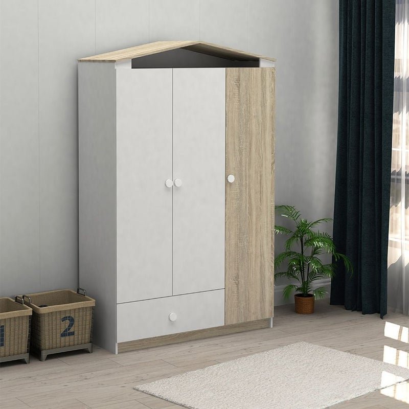 DANUBE HOME Stanley V2 3 Door Wardrobe With 1Drawer | Sturdy Closet Clothes Storage Cupboard | Modern Design Space Saving Swing Door Cabinet For Bedroom L120.9xW50xH195cm-Sonoma Oak & White