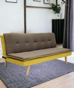 Sulsha New Design 3 Seater Sofa Bed Fabric  Brown & Yellow Contrast Fabric Pillow Topper Wooden Legs