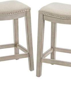 Barton Set of 2 Bar Stools Beige 24 Saddle Backless Premium Padded IndoorOutdoor Nailhead Cushion Kitchen Counter Chairs Pub Seat Foot Rest