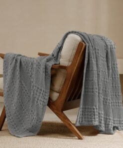 PHF 100% Cotton Waffle Weave Throw Blanket (127 cm x 152 cm), Soft Lightweight Breathable Cozy Summer Throws for Couch Bed Sofa, Luxury Aesthetic Woven Blanket for Home Decor & Office, Dark Grey