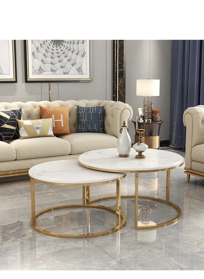 Round Coffee Tables Set of 2, Living Room Nesting Center Tables with White Gold Metal Frame, Modern Side End Tables for Bedroom Balcony Yard - Image 3