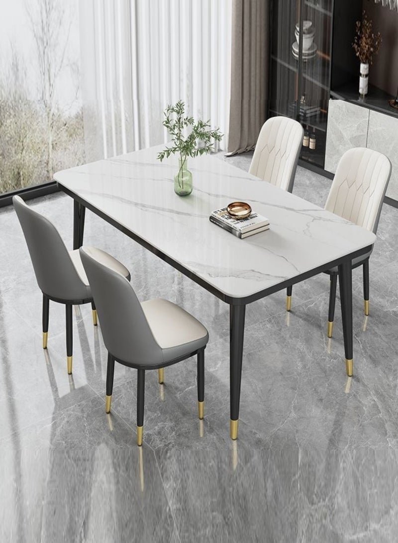 fashionhome Modern Multipurpose Industrial Standard Rectangle Sintered Artificial Stone Rock Plate Tabletop Dining Table and 4 Concave Curve Chair Set for Kitchen Restroom 120 x 60 x 75 and 40 x 42 x 86 Centimeter