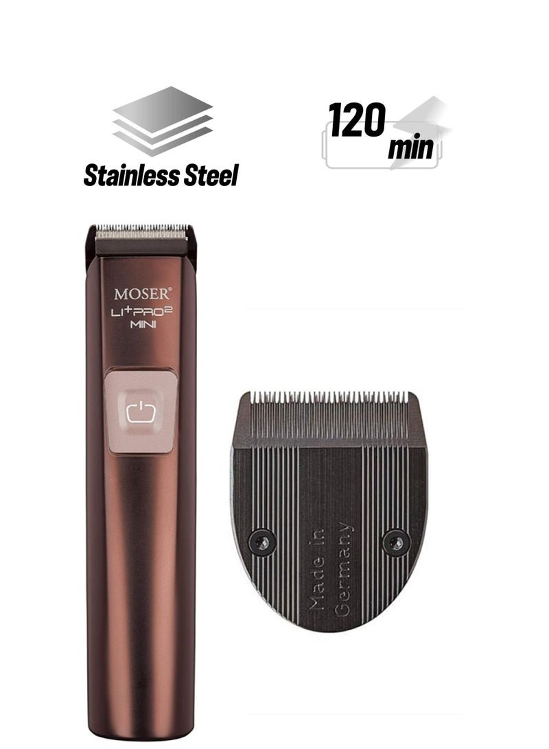 MOSER Li+Pro2 Mini Professional Cord/Cordless Electric Hair Trimmer, 80 Min Quick Charge, 120 Minutes Run Time, 3-Speed Levels, Intelligent Push Button With Charging Stand, 1588-0151 Metallic Brown