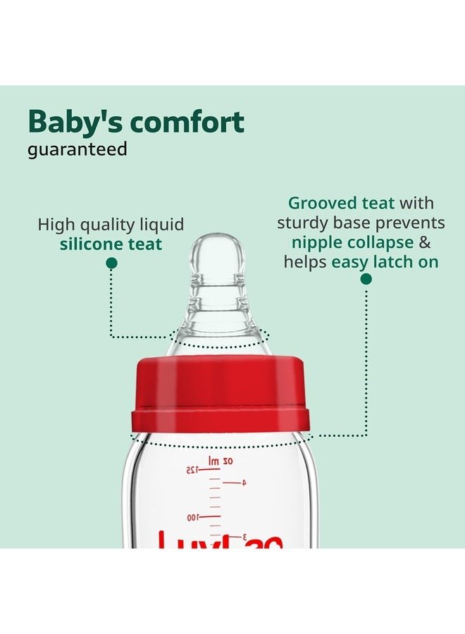Luvlap Essential Slim Neck Glass Feeding Bottle, 250Ml, 3M+/Babies Upto 3 Years, Made of Borosilicate Glass, Bpa Free, Ergonomic Shape is with Anti Colic Nipple, Pack of 1, White & Red - Image 2