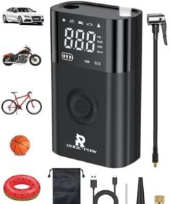Rock Pow Tyre Inflator Portable Air Compressor, 2600mAh×2 Battery Powerful Cordless Air Pump With 5V/2A USB output, Digital Display/LED Light 150PSI Compact Tire Inflator for Car, Motorcycle, Bike, Ball
