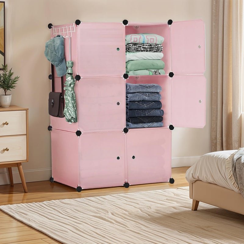 ABOUT SPACE Collapsible Wardrobe - DIY 6 Cube Plastic Almirah for Clothes with Side Hanger, Door Magnet & Hamer- Foldable Wardrobe for Storage for Home | Storage Organizer - Pink