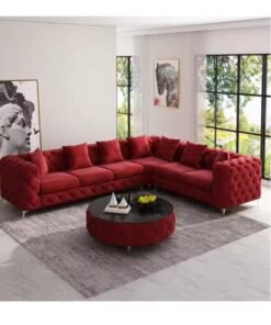 Maharat Al Bahar Maharat Furniture silver leg L-Shaped Chesterfield Sofa Set – Luxury Velvet 6-Seater, Red – Traditional Elegance for Living Room