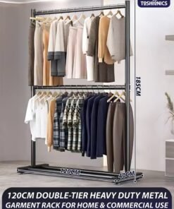 Toshionics Double Rod Clothing Rack Heavy Duty Dual Layer Clothes Drying Stand Garment Organizer Open Armoire with 2 Tier Hanger Rails and Bottom Storage Shelf, Strong 25mm Steel Pipes, 60kg Load Large Capacity Featuring Two Horizontal Bars for Hanging Clothes, Laundry Room, Balcony, Bedroom Sheets, Quilts, Blanket, Coats, Skirts, Shirts, Hats, Sweaters Holder 120cm
