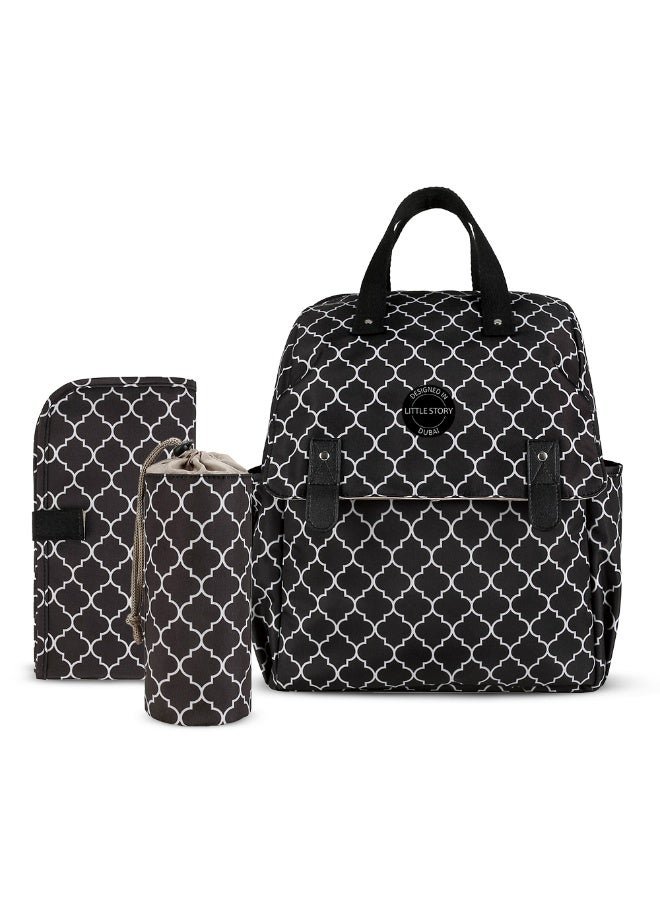 Little Story set of 3 Diaper Backpack with Changing Mat and Bottle Bag - Signature Black