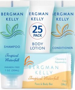 BERGMAN KELLY Hotel Toiletries Bundle (Tropical Waterfall, 1 oz each, 100 Pcs) 4-Piece Set: 25 Rectangular Bar Soap, 25 Shampoo, 25 Conditioner & 25 Body Lotion - Bulk Mini Guest Amenities Supply