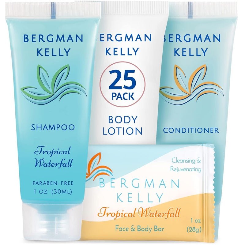 BERGMAN KELLY Hotel Toiletries Bundle (Tropical Waterfall, 1 oz each, 100 Pcs) 4-Piece Set: 25 Rectangular Bar Soap, 25 Shampoo, 25 Conditioner & 25 Body Lotion - Bulk Mini Guest Amenities Supply