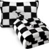 Jungle Star Travel Blanket and Pillow Compact, Premium Soft 2 in 1 Airplane Blanket with Soft Bag Pillowcase，Hand Luggage Sleeve and Backpack Clip (Checkered Black)