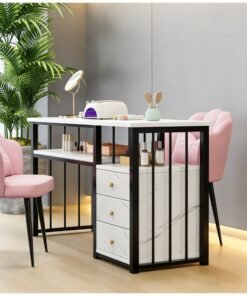 Manicure Table with 3 Drawers, Professional Nail Desk Workstation for Salon/Home Spa Beauty, Small Marble Look Desk with Drawers and Open Shelves for Home Office Manicure, White, YN128 - Image 3