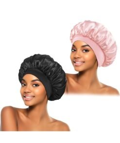 TTESL 2Pcs Silk Bonnet for Sleeping, Satin Hair Bonnets, Soft Elastic Band Silk Sleep Cap, Hair Wrap for Women(Black&Pink)