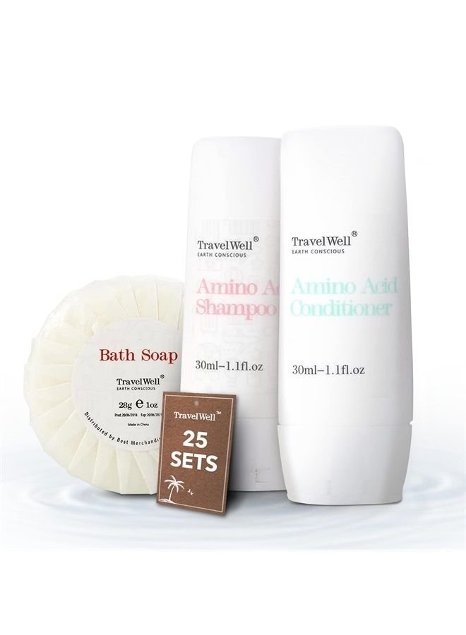 TRAVELWELL Hotel Amenities Toiletries Individually Wrapped 30ml Shampoo 25 Bottles + Conditioner, 25 Bottles + 28g Mini Soap Bars, 25 Bars | Travel Size Toiletries | Hotel Toiletries Bulk Set