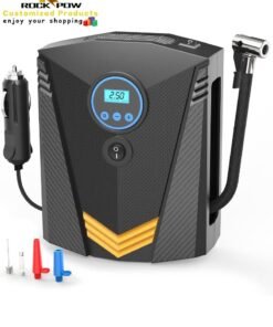 Rock Pow Digital Car Tyre Inflator Air Compressor Portable 150PSI DC12V Air Pump 9.5FT Cord with Digital Pressure Display and 3 Nozzle LED light Valve Adaptors for Car/Bike/Ball (Fast Inflation/19mm)