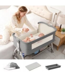 Stanew 4 in 1 Baby Bassinet, Baby Cots, Bedside Crib with Removable Mosquito Net, 6 Height Adjustable, Rocking Mode, Storage Basket, Soft Mattress, Easy Assemble & Folding, Wheels, Ultra-Breathable & Washable for Infant/Newborn