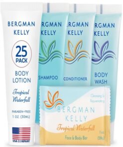 BERGMAN KELLY - Hotel Toiletries Bundle - Tropical Waterfall, 1 oz ea, 125 Pieces - 5-Piece Set: 25 ea Rectangular Bar Soap, Shampoo, Conditioner, Body Lotion & Body Wash - Bulk Mini Guest Amenities