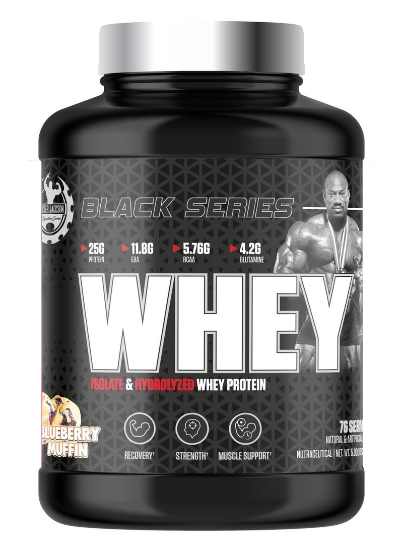DEXTER JACKSON Black Series Isolate & Hydrolyzed Whey Protein 5 Lbs (76 Servings) - High Protein Supplement for Muscle Growth & Recovery (Blueberry Muffin)