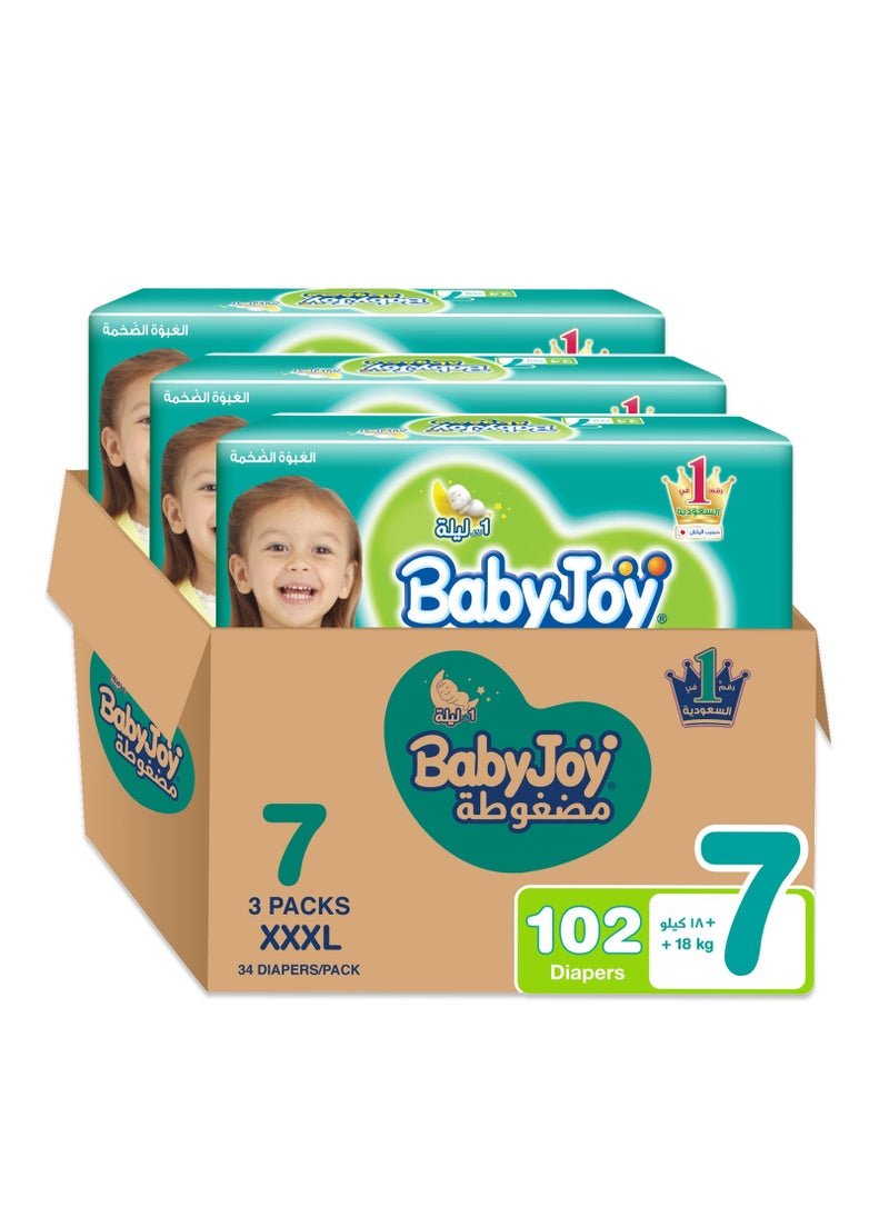 BabyJoy Compressed Diamond Pad Diaper, Size 7, Junior 3XL, 18+ Kg, Mega Box, 102 Diapers