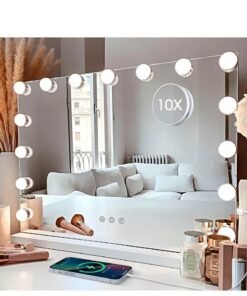 XiuWoo Hollywood Vanity Mirror with Lights, 15 Dimmable LED Bulbs 3 Color Lighted Makeup Mirror with Detachable 10X Magnification Mirror, Tabletop or Wall-Mounted, Touch Control