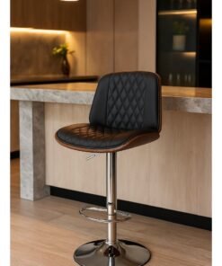 AFT Modern Premium Bar Chair – Quilted Faux Leather & Walnut Finish. Adjustable Bar Stool with Padded Backrest and Chrome Footrest