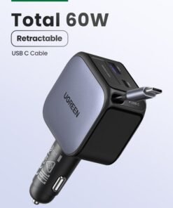 Ugreen Car Charger Retractable 60W Built-in 0.7 M Type C Cable 2C1A Car Adapter Fast Charging PC V0 Anti-fire Material For Safe Charging Compatible With iPhone iPad Samsung Galaxy Airpods Earbuds Apple Watch