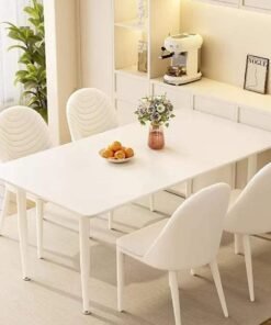 Raffine Modern White Dining Table Set with 4 Chairs, Minimalist Rectangular Kitchen & Dining Furniture Set, Stylish Home Dining Table with Comfortable Seating for Family Use.