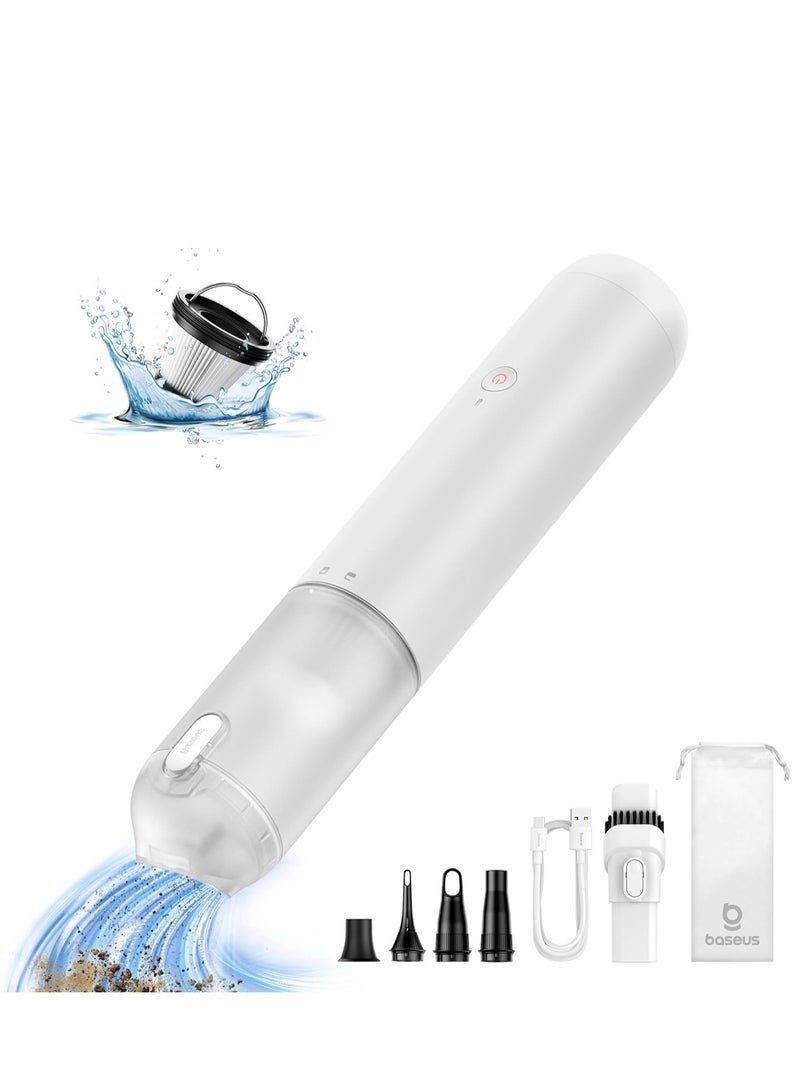 Baseus Car Vacuum Cleaner Portable Cordless, 12000PA High Power Handheld Vacuum with USB-C Fast Charging, Single Touch Empty, Rechargeable Battery, 4-in-1 Mini Dust Buster Air Blower Inflator Pump for Car, Home, Office, Camping, Pet Hair, Desk, Air Mattress, Swim Rings, Sofa, Keyboard, and More (White)
