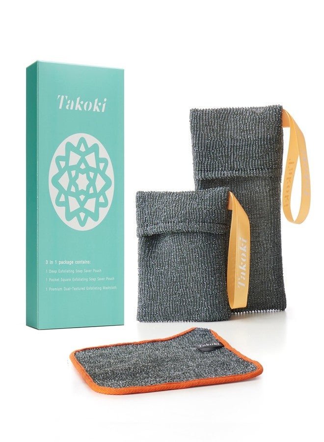 Takoki 3-in-1 Exfoliating Set - 2 Soap Saver Pouches (2 Sizes) + Dual-Textured Washcloth for Body & Face - Eco-Friendly, Durable, Luxurious Spa Experience