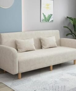 Comfynest Seats 3 Modern Small Solid Wood Frame Foam-Filled Sofa with Square Arm  Flannel Upholstery, Space-Saving, Cushion Back (150 x 65 x 75 cm) (Beige)