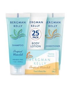 BERGMAN KELLY Hotel Toiletries Bundle (Tropical Waterfall 1 Oz Each 100 Pcs) 4Piece Set: 25 Rectangular Bar Soap 25 Shampoo 25 Conditioner & 25 Body Lotion Bulk Mini Guest Amenities Supply
