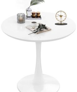 Garlo White Round Dining Table, 70CM Modern Tulip Kitchen Table 2.2CM Thickened Tabletop & Sturdy Metal Pedestal, Mid-Century Leisure Table for Dining Room, Living Room, Cafe, Small Places