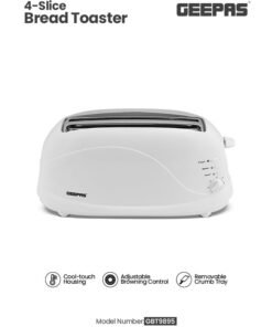 GEEPAS 4 Slices Bread Toaster - Crumb Tray, Cord Storage, 7 Settings with Cancel, Defrost & Reheat Function |Removable crumb tray |2 years' warranty 1100 W GBT9895 White