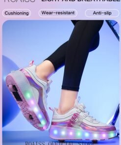 roaiss Kids Unisex Double Wheel Roller Skates Shoes LED Light Multimode Adjustable Rechargeable Sneakers for Children Boys and Girls Outdoors Luminous Shoes with Multifunction Detachable Roll Wheels Leisure Sports