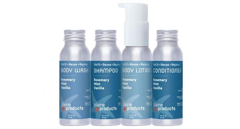 Plaine Products Travel Size Shampoo Conditioner Body Wash and Body Lotion Rosemary Mint Vanilla Sulfate Free Refillable Bottle 25 oz
