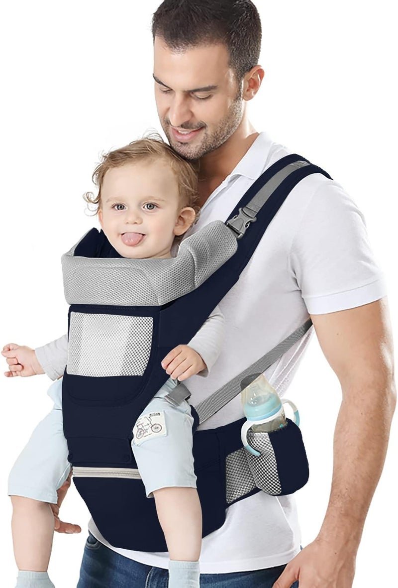 Luckam Baby Carrier Ergonomic Infant Carrier with Hip Seat Kangaroo Bag Soft Baby Carrier Newborn to Toddler 7-45lbs Front and Back Baby Holder Carrier for Men Dad Mom (Blue)