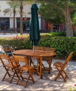7 Pcs Foldable Acacia Wood With Movable Tyres Patio Bistro Set - Outdoor Wood Chair And Table Set Dining Table Set