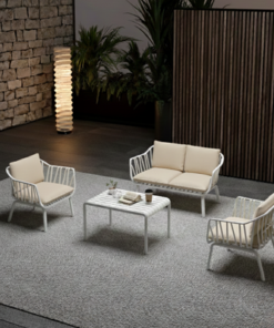 4-Seater Outdoor Furniture Set – Fiberglass Plastic Seating, Modern White Steel Frame, 2 Chairs & Loveseat with Coffee Table (Beige Cushions)