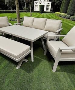 Premium 7-Seater Beige Outdoor Aluminium Sofa Set with Beige Cushions