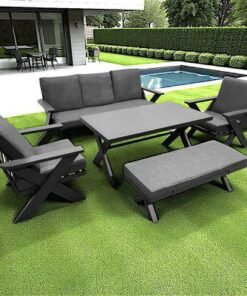 7-Seater Cross Legs Dark Grey Aluminium Garden Sofa with Big Table