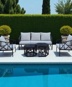 5-Seater Modern Outdoor Steel Sofa Set – Black Frame with Light Beige Cushions