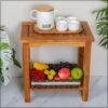 2-Tier Solid Acacia Wood Table Bamboo Stool for Shaving Shower Foot Rest, Portable Pool side Stool