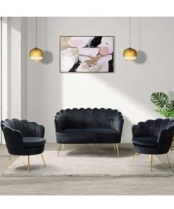 Maharat Al Bahar MAB FURNISHINGS x Crown Furniture Art 3-Piece Velvet Living Room Furniture Set - Loveseat, 2 Sofa Chairs, Modern Comfy Upholstered 2-Seater Sofa & Accent Chair (Black)