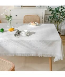 Lee Yon Cotton Linen Lace Rectangle Tablecloth Table Cover with Tassel, White, 90*150cm