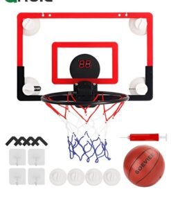 GROIC Mini Basketball Hoop with LED Light Electronic Scoreboard, 15.7" X 10.2" - Small Basketball Hoop with 1 Ball, Door/Wall Mounted Basketball Hoops Indoor Outdoor for Kids - Red