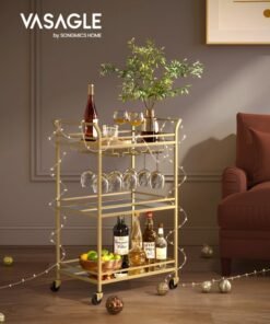 VASAGLE 3-Tier Drinks Trolley, Gold Bar Serving Trolley on Wheels, with Mirrored Glass Shelves, for Small Spaces, Kitchen, Dining Room, Living Room, Home Bar, 38 x 60 x 92 cm, Gold